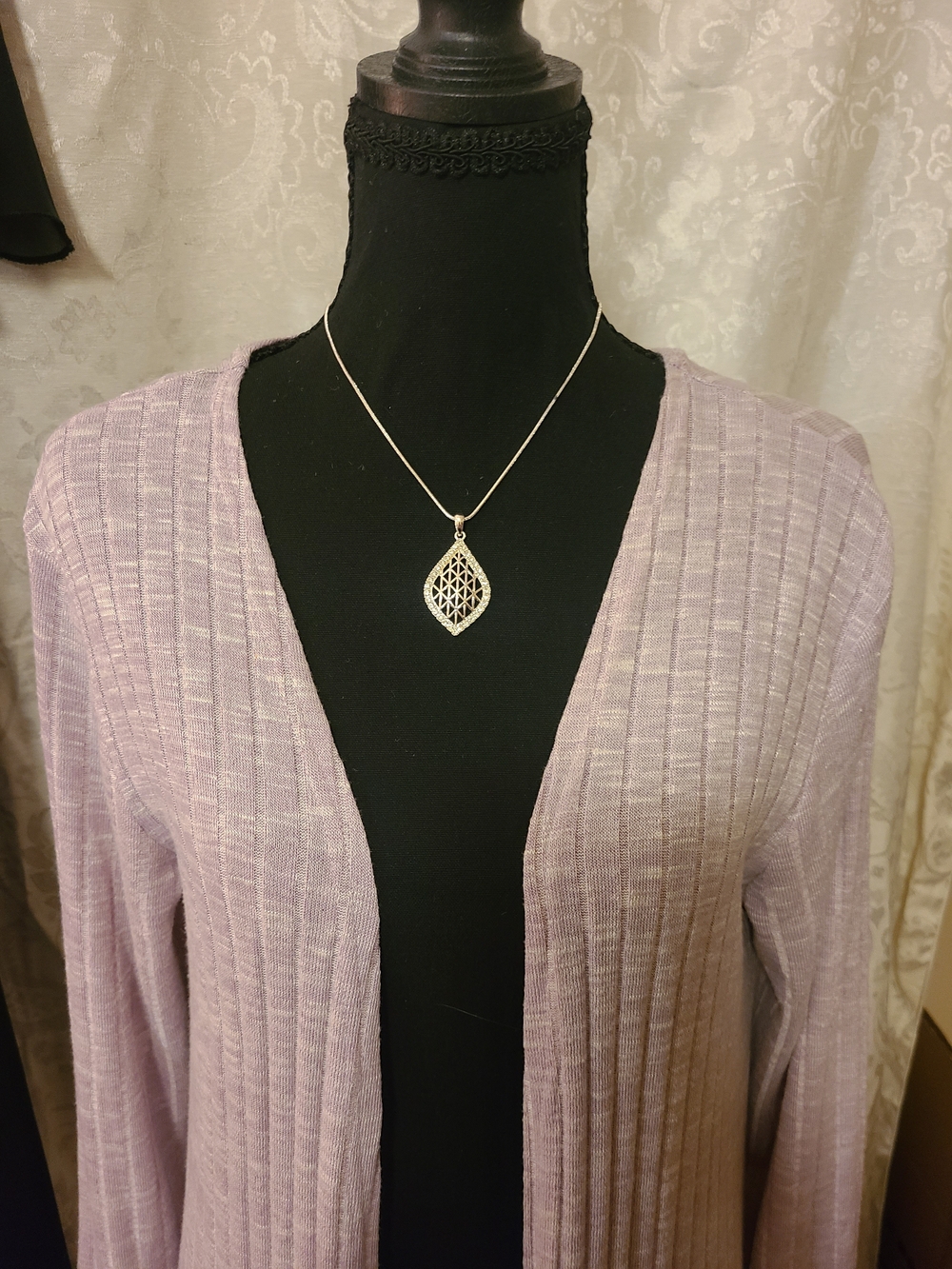 Lisa Rinna Collection Lavender Ribbed Long Open-Front Cardigan - Picture 5 of 7